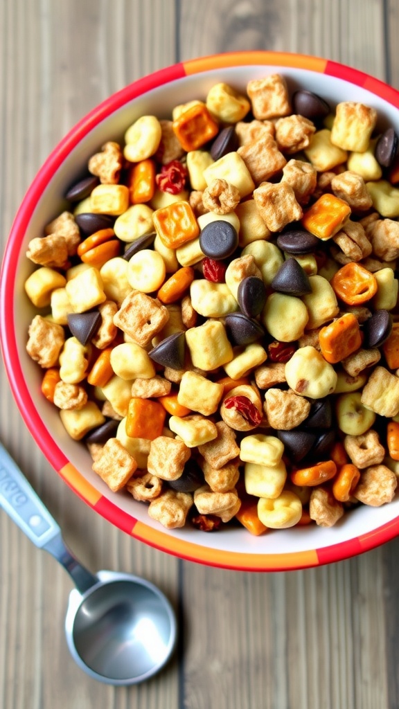A colorful bowl of homemade snack mix with nuts, pretzels, cereal, and dried fruit.